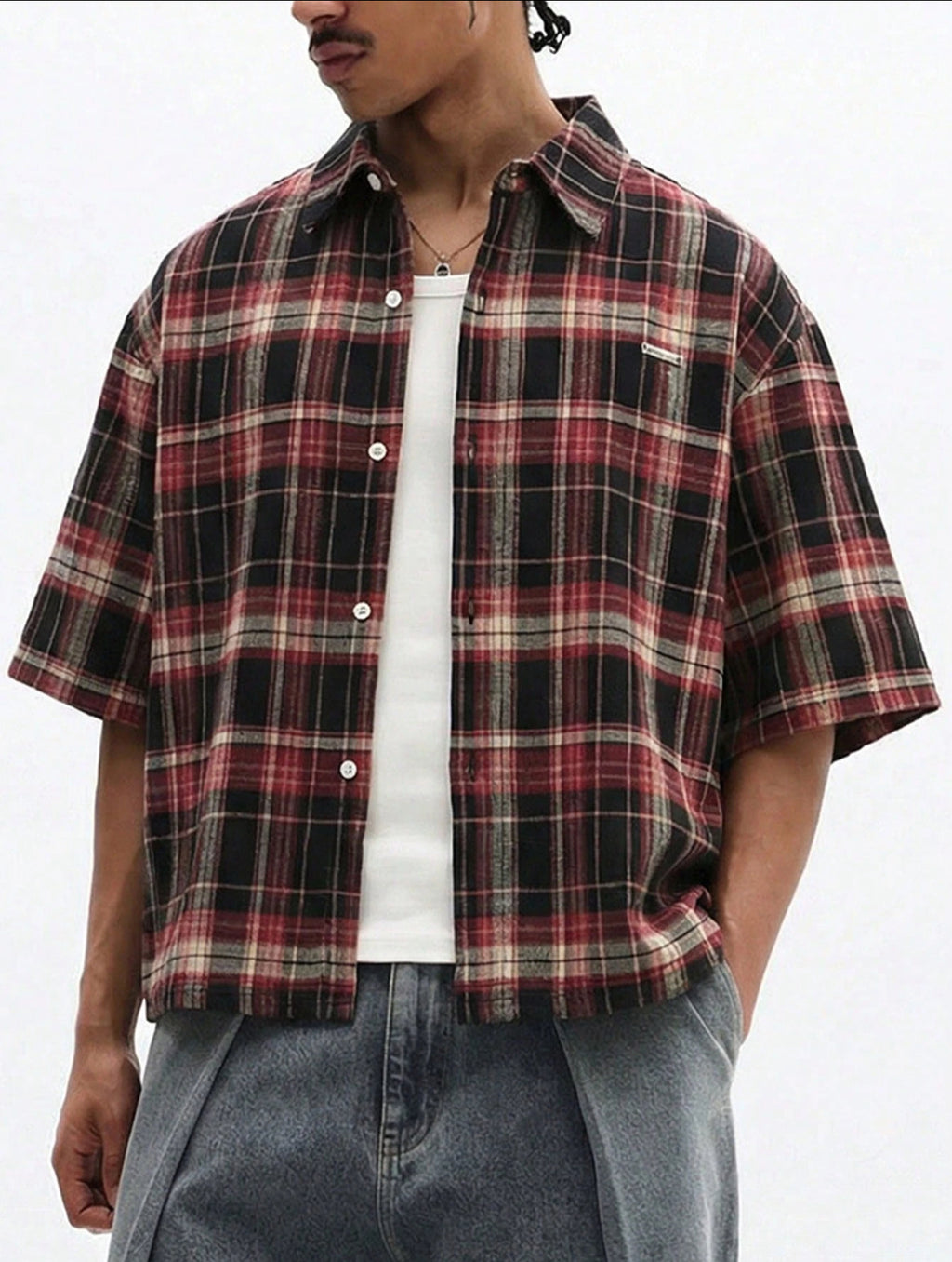 Plaid Button Down Short Sleeve Relaxed Flannel Top