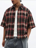 Plaid Button Down Short Sleeve Relaxed Flannel Top