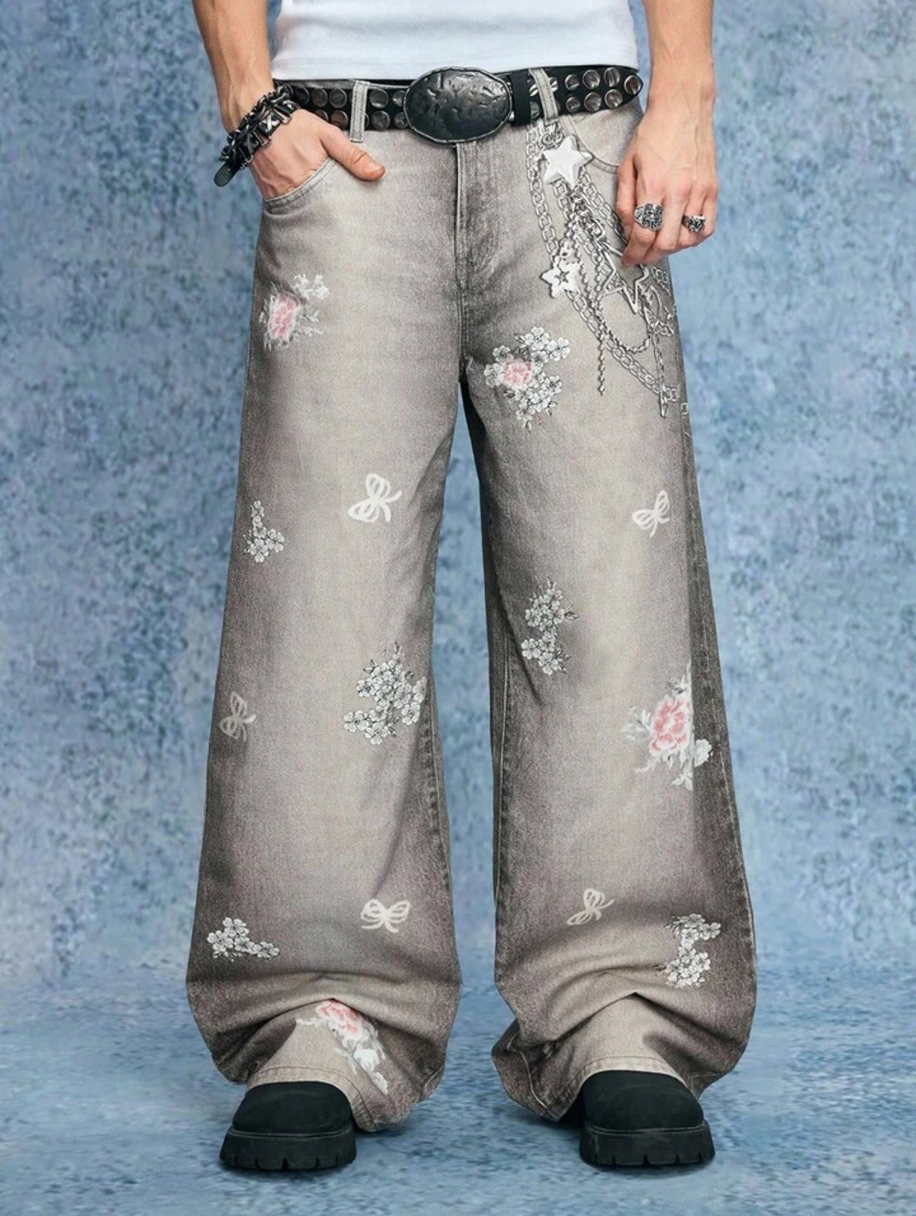 Grey Floral Print Wide leg Denim Jeans