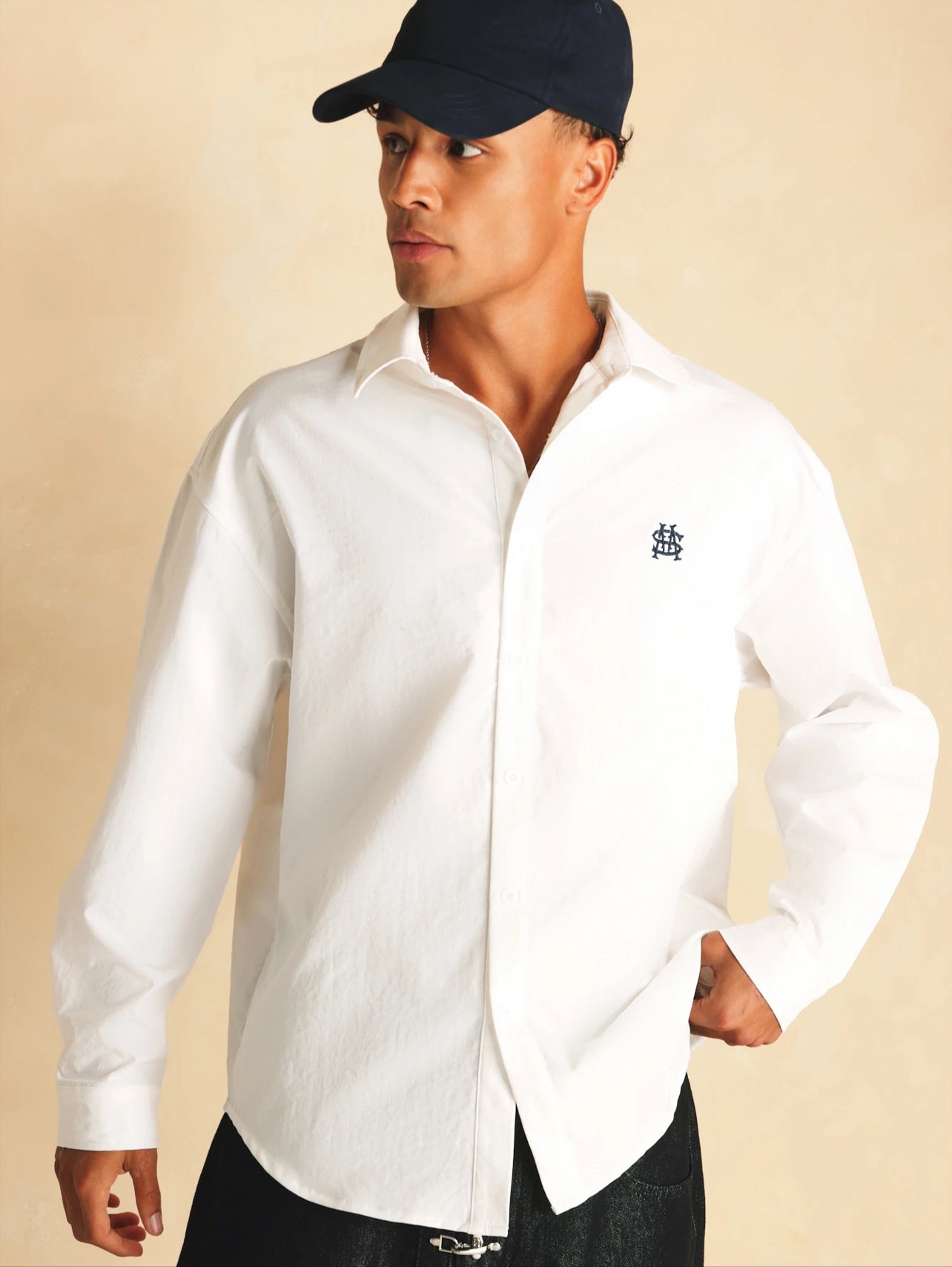 Relaxed White Long Sleeve With Logo Embroidery Shirt