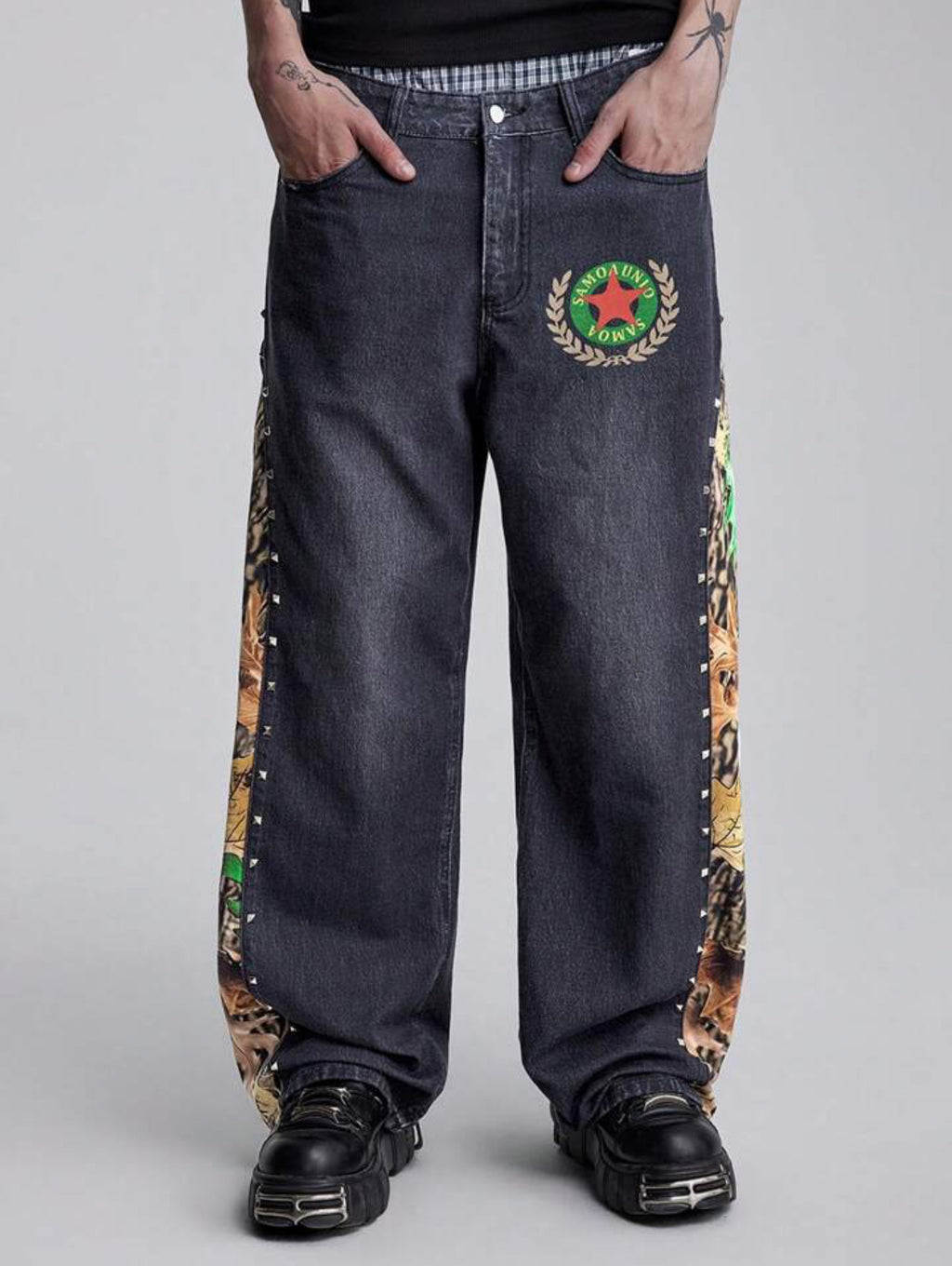 Graphic Print Patchwork Pocket Casual Jeans