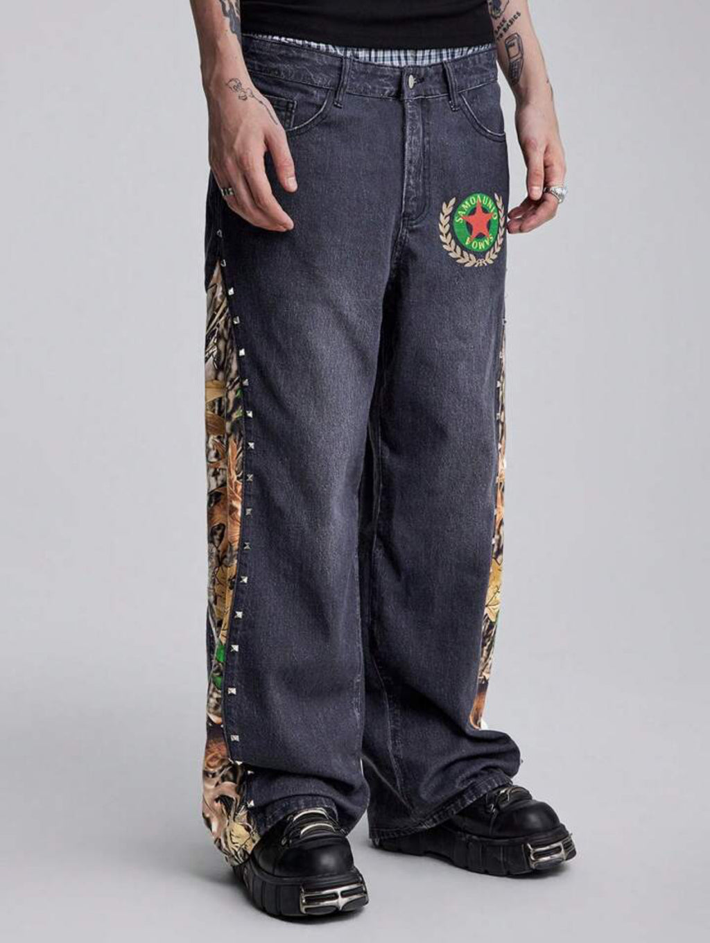 Graphic Print Patchwork Pocket Casual Jeans