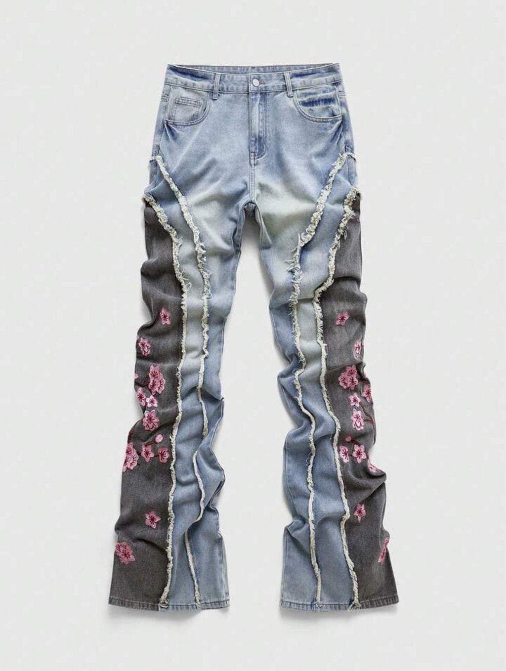 Washed Blue Floral Pattern Denim Jeans