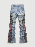 Washed Blue Floral Pattern Denim Jeans