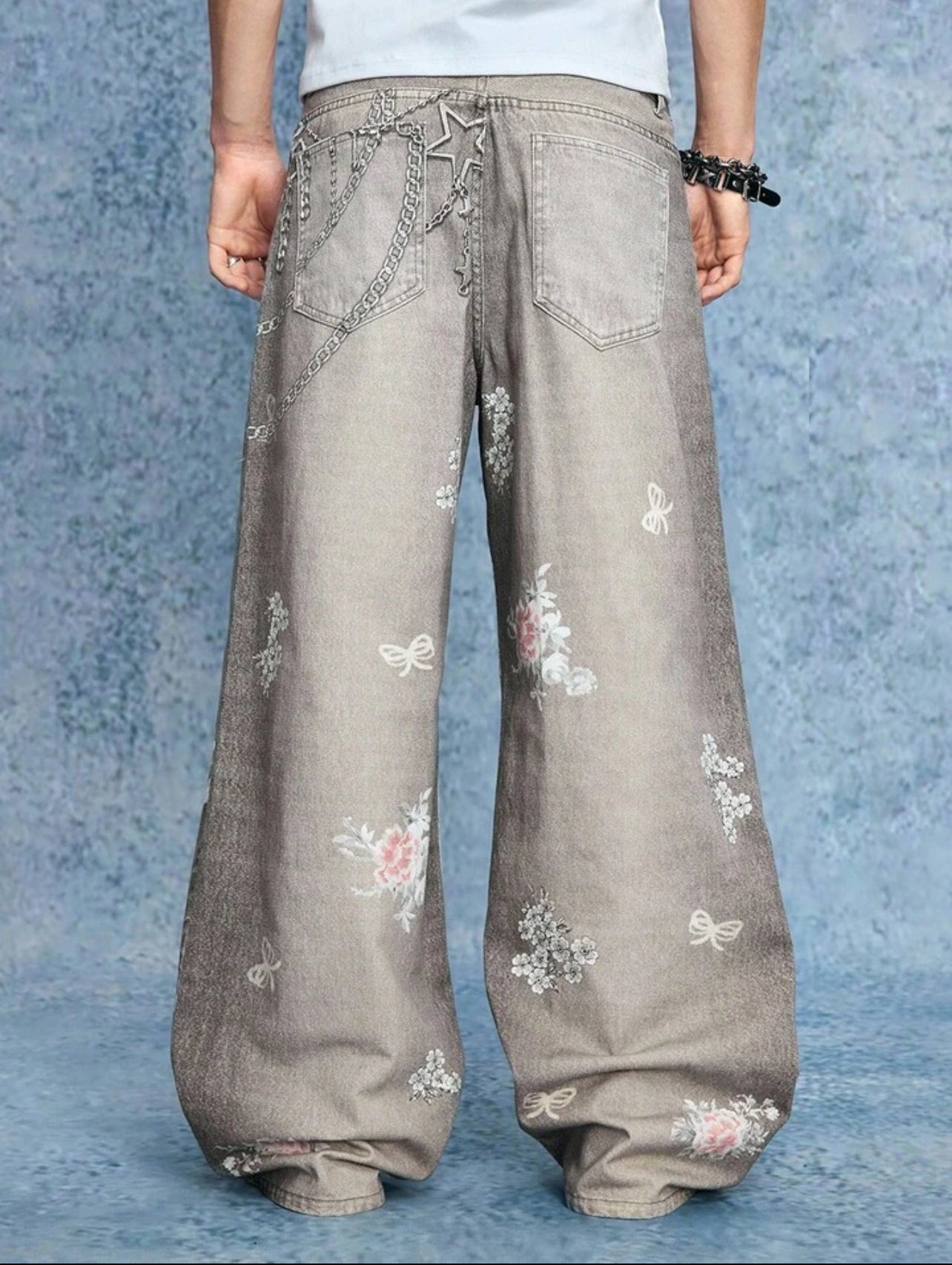 Grey Floral Print Wide leg Denim Jeans