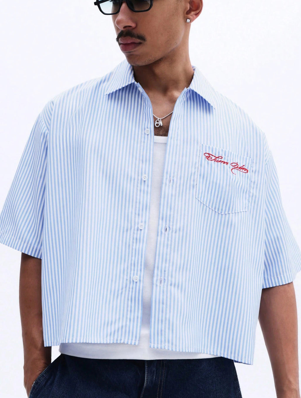 Stripped Red Embroidery Cropped Blue Shirt
