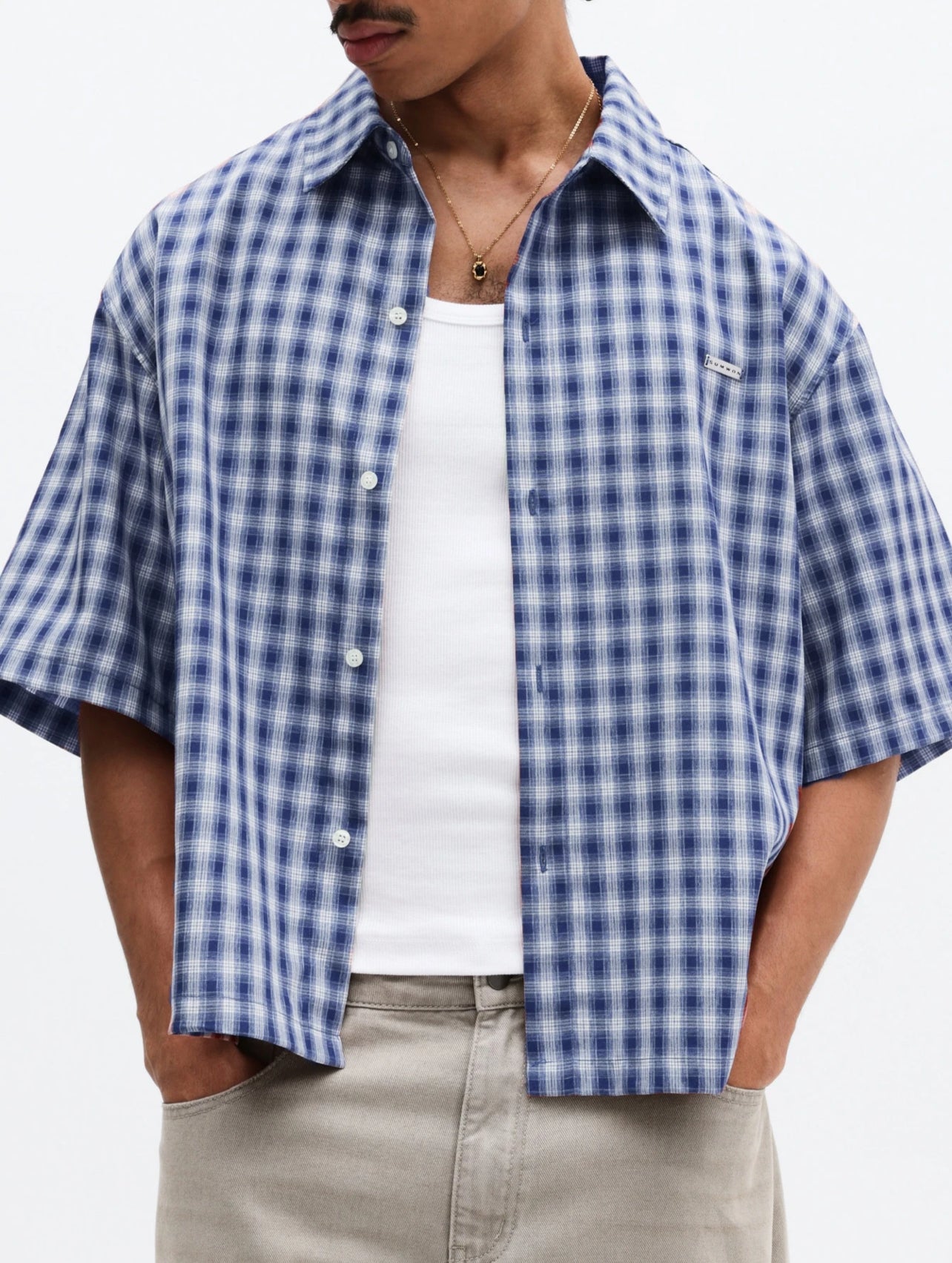 Checked Short Sleeve Casual Button Up Red/Blue
