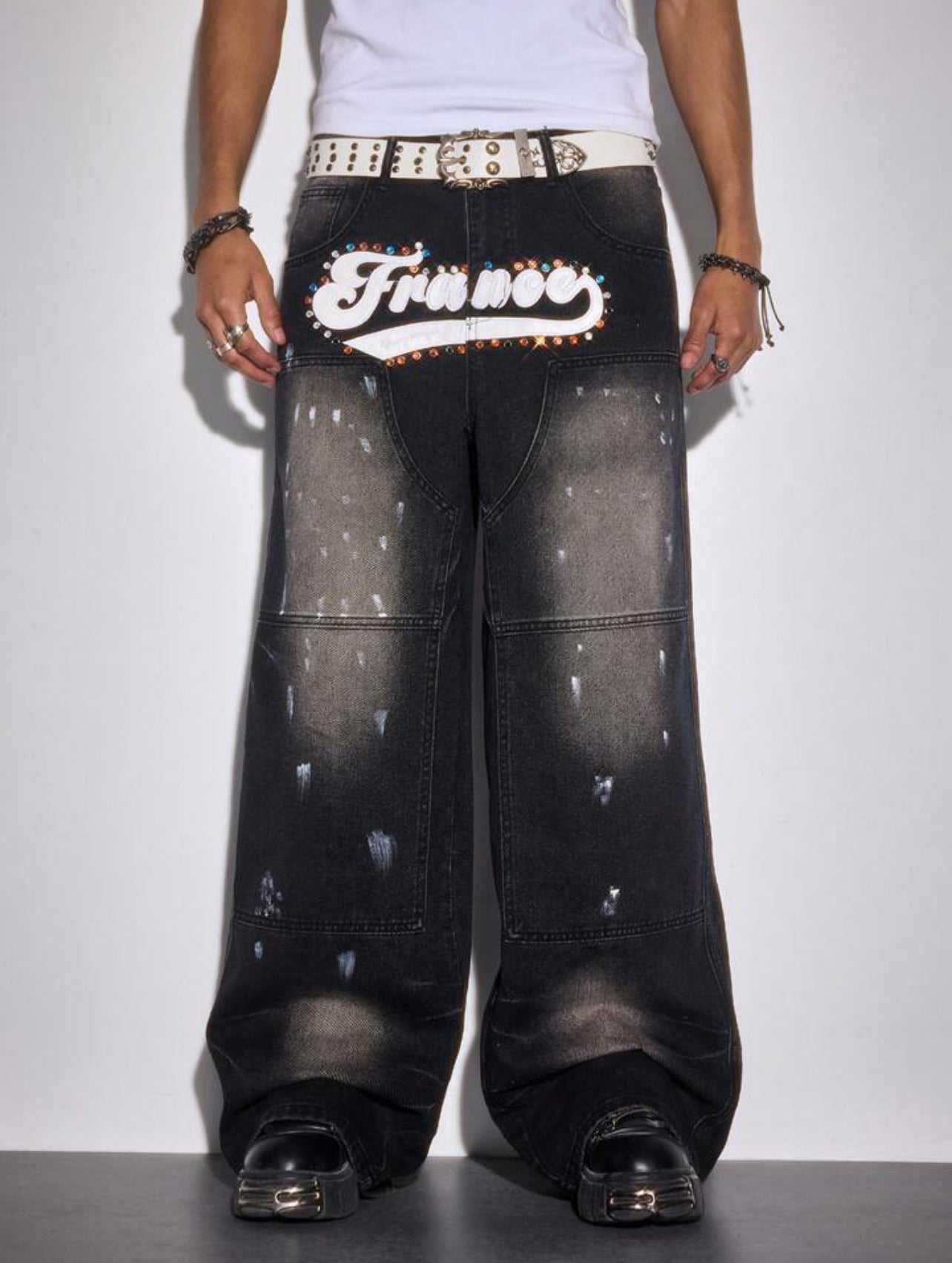 Franes Embroidery Rhinestone Wide Leg Jeans